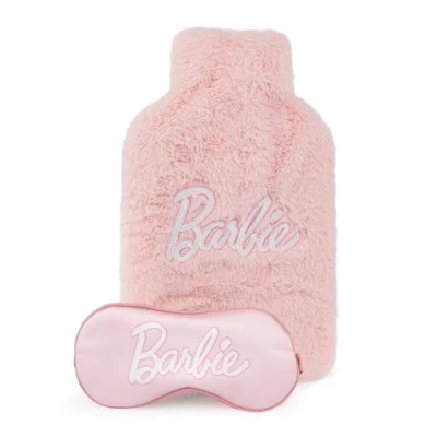 Image of Barbie Womens Hot Water Bottle &amp; Eye Mask Set Ladies Girls Furry Heat Pad and Satin Sleepwear Cover in Pink Complete Matching Nightwear Gift Bundle Doll Movie Toy Merchandise Apparel
