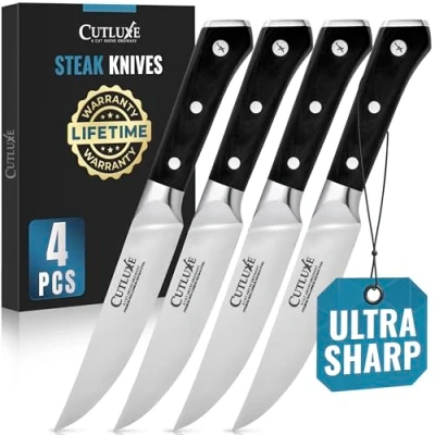 Image of Cutluxe Steak Knives Straight Edge Knife Set of 4 Forged High Carbon German Steel Full Tang Ergonomic Handle Design Artisan Series