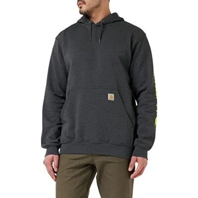 Image of Carhartt Men&#039;s Loose Fit Midweight Logo Sleeve Graphic Sweatshirt Hooded Sweatshirt, Carbon Heather, L