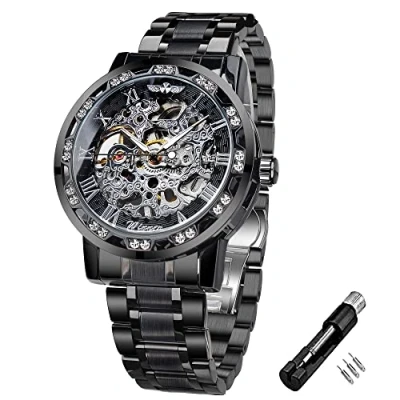 Image of Winner Retro Manual Mechanical Skeleton Watch with Diamond and Carving Flower Craft Men Wrist Classic Roman Number, BlackSilver,