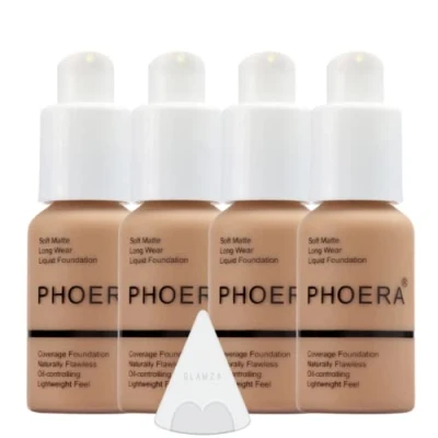 Image of Glamza Phoera Foundation Full Coverage Makeup Set 24hr Long Lasting Oil Control Soft Smooth Matte Flawless Concealer Cream Inc x4 30ml &amp; Silicone Blender Sponge (105 Sand)