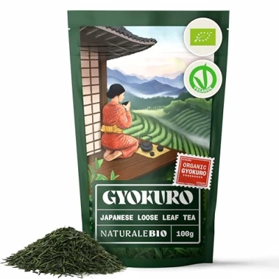 Image of Organic Japanese Gyokuro Green Tea 100g. Loose Leaf Tea, Natural and Pure. First Harvest Leaves Cultivated in Japan. NaturaleBio.