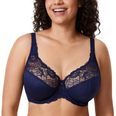 Image of Delimira Women&#039;s Beauty Lace Non Padded Minimiser Full Figure Underwire Bra Blueberry 42F