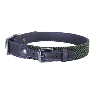 Image of Rosewood Forest herringbone &amp; grey leather dog collar 16 20&quot;, L