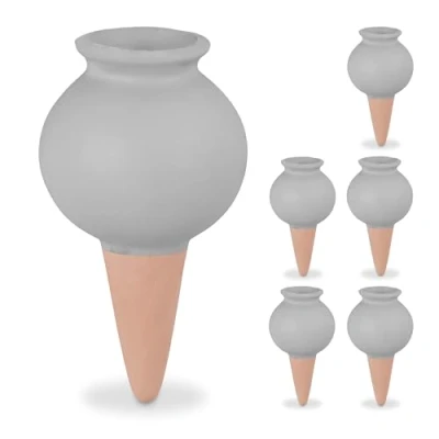 Image of Relaxdays Cones, Set of 6, Fill Up with Water, Round Design, Clay, Irrigation for Houseplants, Terracotta/Grey, Ceramics, 12 x 6 cm