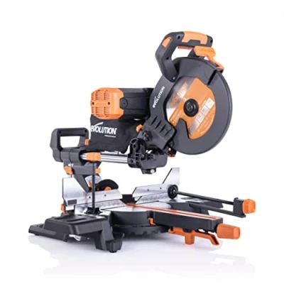 Image of Evolution Power Tools R255SMS DB+ Double Bevel Sliding Mitre Saw, Multi Material Cuts Metal, Wood, Plastic &amp; More with Plus Pack includes Clamps, Dust Bag Blades, 255mm (110V)