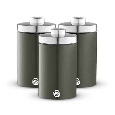 Image of Swan SWKA18530GRP Townhouse Set of 3 Kitchen Storage Canisters for Tea, Coffee, and Sugar with Pull Chrome Handles, Airtight Lids, Colour Coated Iron Accents, 1.6L, Graphite Grey