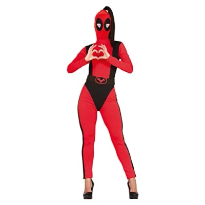 Image of FIESTAS GUIRCA Super Antiheroine Fancy Dress Costume Funny Hero Red and Black Jumpsuit with Belt Hood for Ladies Size M