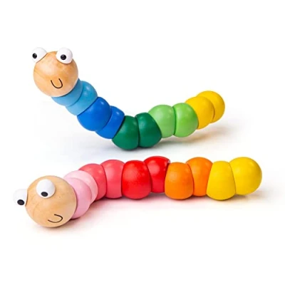 Image of Bigjigs Toys Wooden Wiggly Worm (2 Pack) Colourful Sensory Toy Worm, Caterpillar Toy, Ideal Baby Fidget for 1+ years, Cheap Pocket Money and Stocking Fillers