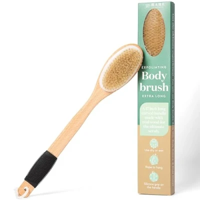 Image of Bare Botanics 17&quot; Dry Brushing Body Brush Medium Firmness, Natural Color &amp; Silicone Grip Extra Long Bath w/Hang Rope Back Scrubber for Shower
