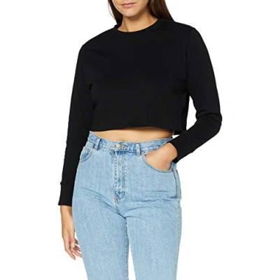 Image of Build Your Brand Women&#039;s Ladies Terry Cropped Crew Pullover Sweater, Black, XS UK
