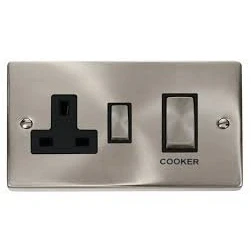 Image of Click Deco VPSC504BK Satin Chrome Ingot’ 45A 2 Gang Single Cooker Switch Black Insert …
