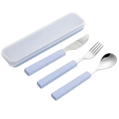 Image of VANRA 3 Piece Children Utensils Set 18/10 Stainless Steel Child Flatware Silverware Knife Spoon Fork with Travel Case for Kids Lunch Box (Blue)