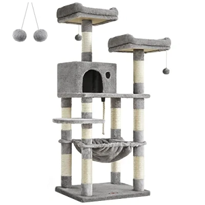 Image of FEANDREA Cat Tree, Stable Tower, 2 Plush Perches, 143cm, Light Grey PCT15W