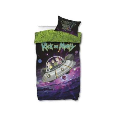 Image of Charlotte Andersen Rick and Morty Duvet Cover Set Single Bedding Black &amp; Green Spaceship UFO Design Official for Fans (Single)