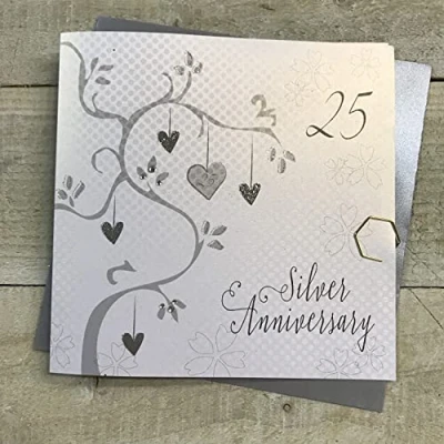 Image of white cotton cards Silver Wedding, Handmade 25th Card (Anniversary Tree, Code AB25)