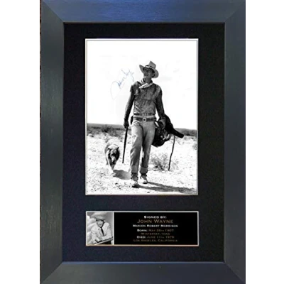 Image of JOHN WAYNE Signed Autograph Mounted Photo Reproduction PRINT A4 Rare (297 x 210mm) #129 (Black Frame)