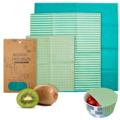 Image of EZGOODZ Beeswax Food Wraps with Blue Bee Print, S/M/L, Pack of 3 Organic for Storage, Safe Food, Washable and Reusable Wrap, Ecological Bees Wrap