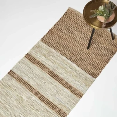 Image of HOMESCAPES Brown Genuine Leather Runner Rug Handwoven Stripe Design Recycled Eco Friendly Real for Hallways, 66 x 200 cm