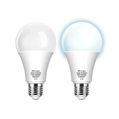 Image of 12W E27 Dawn Till Dusk Light Bulbs, ES Screw Sensor LED Daylight 6000K, Smart Automatic On/Off, Outdoor Indoor Lighting Bulb for Porch, Garden, Yard, Patio, 2 Pack
