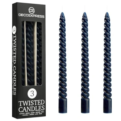 Image of Dinner Candles Pack 3 or 6 Twisted White Red Gold Coloured Spiral Non Drip Long Lasting Hours Burn Scented (Blue, of 3)