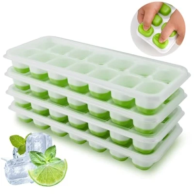 Image of Ice Cube Tray, 4 Pack Silicone Tray with Lid, Easy Release BPA Free Trays for Freezer, Moulds Whiskey, Cocktails, Drinks(Green)