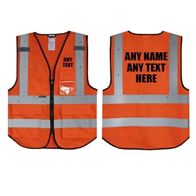 Image of Personalised Text Orange Salzmann 3M High Visibility Safety Vest Multi Phone ID Pocket Hi Vis Waistcoat Reflective Tape