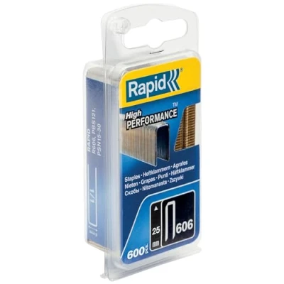 Image of Rapid High Performance Staples for Dense Materials, Narrow Crown No. 606, Leg Length 25mm, Staple Gun Staples, Resin Coated Galvanised Steel, 600 Pieces, Blister (40109531)