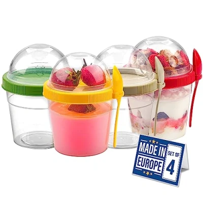 Image of CRYSTALIA Reusable Yogurt Pot Set of 4 500ml, 100%BPA Free Cereal Travel Container Breakfast Pots to Go, Dishwasher Safe Porridge Yoghurt with Screw Lids Granola Overnight Oats