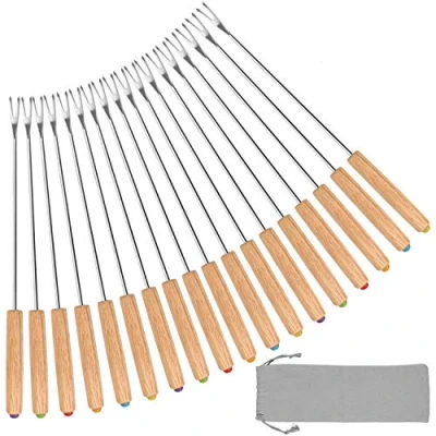 Image of 18 Pcs Stainless Steel Fondue Forks with Oak Wood Handle Heat Resistant, Color Coding Cheese Chocolate Fountains Skewers Marshmallow Roasting Sticks, 9.5inch