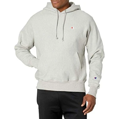 Image of Champion Men&#039;s Hoodie, Reverse Weave Fleece Comfortable Pullover Sweatshirt, Graphic Hooded, Oxford Grey Left Chest C, XS