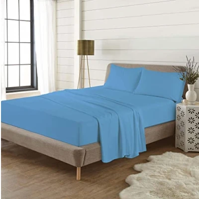 Image of 100% Brushed Cotton Flannelette Thermal Fitted Sheets Super Soft Warm Cosy Luxury Plain Sheet (Blue, Single)