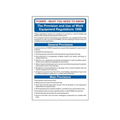 Image of What You Need To Know PUWER 1998 Safety Poster, 1.2mm Recyclable Polypropylene, W400mm x H600mm
