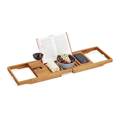 Image of Relaxdays Large Bamboo Bath Tray, Book &amp; Tablet Holder, Glass Support, Luxury, Light, Extendable 70 105 cm, Natural