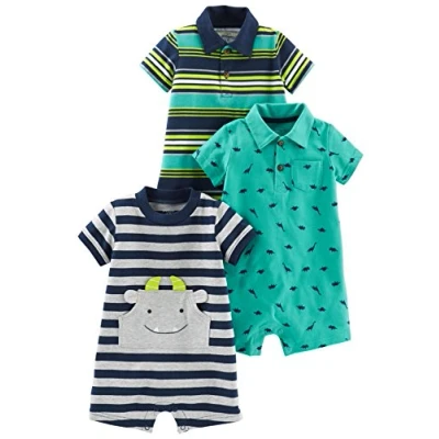 Image of Simple Joys by Carter&#039;s Baby Boys&#039; 3 Pack Rompers, Green Dinosaur/Navy Stripes/Yellow Stripes, 0 Months (Pack of 3)