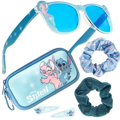 Image of Disney Girls UV Protection Sunglasses, Case and Hair Accessories Set Gifts (Blue Stitch)