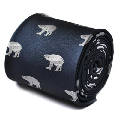 Image of Frederick Thomas navy blue Christmas tie with white polar bear embroidered design signature floral to the rear secret santa