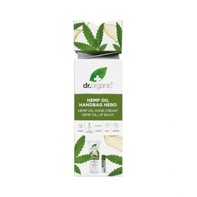 Image of Dr Organic Hemp Oil Hand Bag Hero Gift Set, with Cream &amp; Lip Balm, Moisturising, Restoring, Natural, Vegan, Cruelty Free, Paraben SLS Recycled Recyclable,