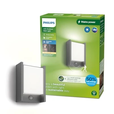Image of PHILIPS Lighting Arbour UltraEfficient Outdoor Wall Light, 3.8W, 2700K, Antracite, Motion Sensor, IP44 Weatherproof