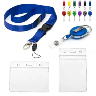 Image of Lanyard with Card Holder 4pc Set, Includes 1 Detachable Safety Breakaway Retractable Yo Reel Clip 2 Clear Waterproof Identification ID Badge Double Sided Plastic Identity Pouches (Blue)