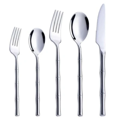 Image of Cutlery Sets Bamboo Handle 304 Stainless Steel Set Western Knife,Fork and Spoon Steak Silver 5Pcs