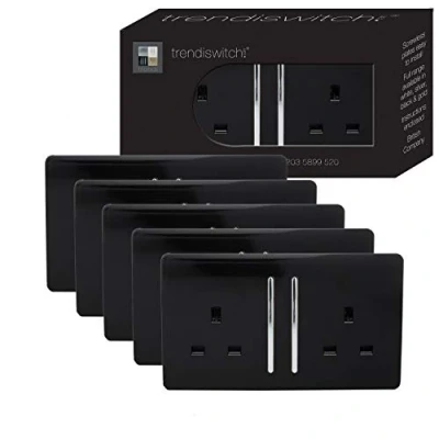 Image of Trendi Switch 2 Gang Artistic Modern Glossy 13 Amp Electrical Long Switched Double Plug Socket Black x5