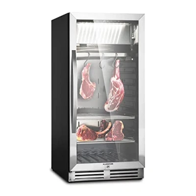 Image of KLARSTEIN Dry Ageing Refrigerator, Steak Maturing Cabinet, Glass Fridge for Aged Meat, Single Zone Mini Meat Locker, Fronted Beef, Pork, LED Lighting, 1 25 C Range, 233 L