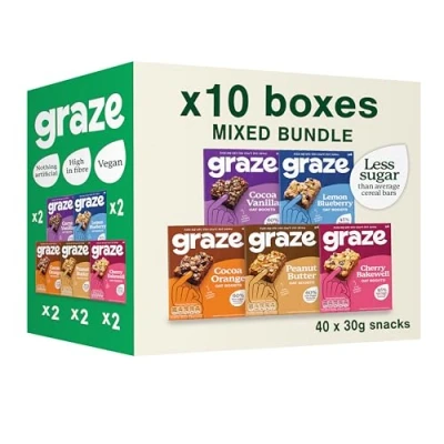 Image of Graze snacks Selection box Total 10 Snack Box, Lunchbox snacks, Vegan Packaging may vary 40x30g of at least 45% less sugar than average Cereal bars