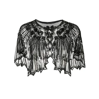 Image of Grouptap 1920s black shawl gatsby bolero sequin cape shrug wrap for women ladies flapper art deco vintage dress costume (Black, One Size)