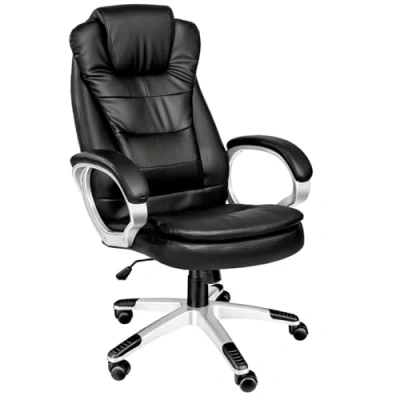 Image of tectake® Office Chair with Faux Leather Cover &amp; Extra Thick Padding, Ergonomic Desk Headrest High Backrest, Height Adjustable Swivel Rocking Function 5 Double Castors Black