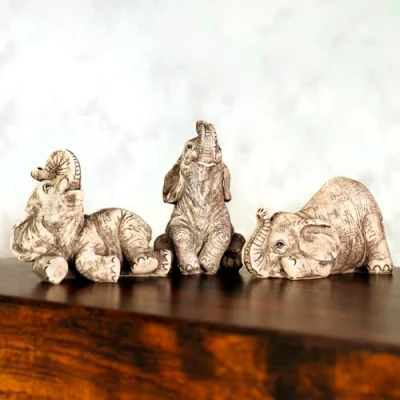 Image of Marco Paul 2pc Elephant Ornament Set Home Decor Xmas Gifts Silver Mosaic Buddha Christmas Safari Animal Resin African (3pc Stone effect Elephants)