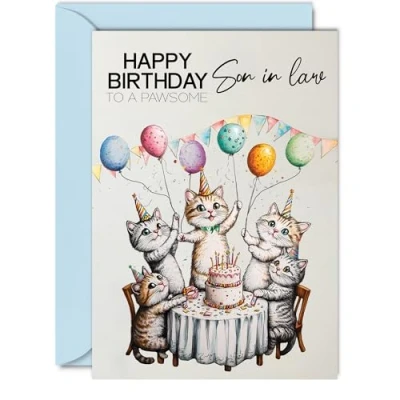 Image of Son in Law Birthday Card Pawsome Party Cats Balloons Happy for from Mother Mum Father Dad, 5x7 Inch Male Cat Bday Greeting Cards