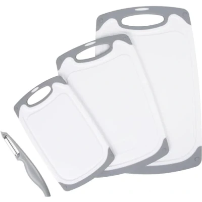 Image of Albert Austin Plastic Cutting Board Set of 3 with Peeler Kitchen Dishwasher Safe Anti Slip Chopping Hanging Hole Handle Juice Groove Large Medium Small BPA Free for Vegetable Meat