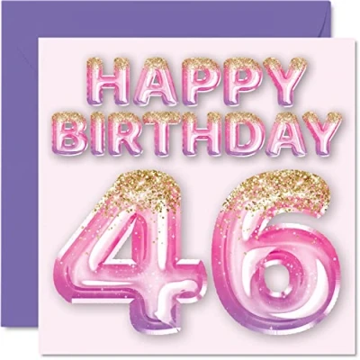 Image of 46th Birthday Card for Women Pink &amp; Purple Glitter Balloons Happy Cards 46 Year Old Woman Mum Cousin Friend Sister Auntie, 145mm x Forty Six Sixth Bday Greeting Gift